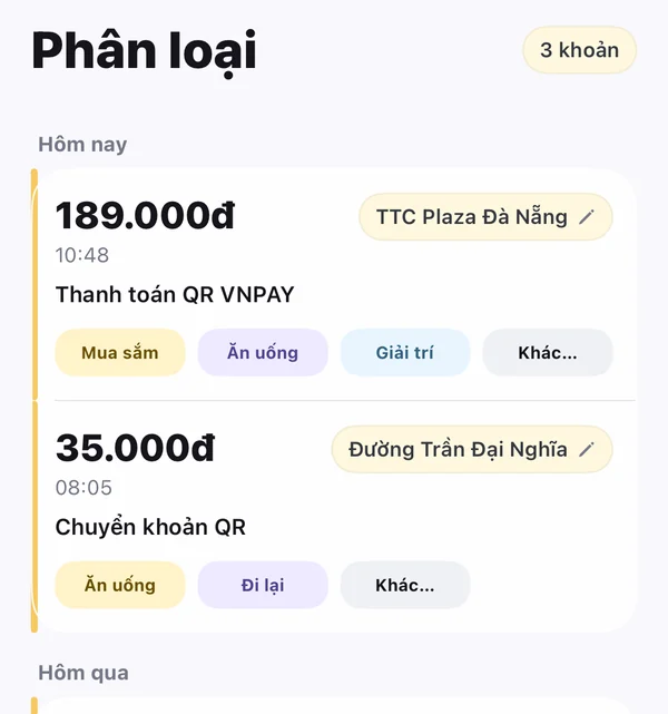 Danh sách khoản Chưa rõ trong Mibi, mỗi khoản chờ bạn chọn Danh mục